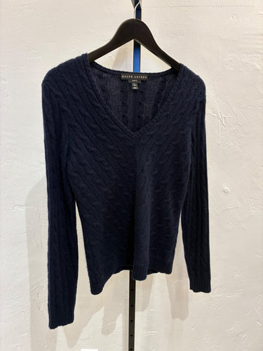 Ralph Lauren Navy Slim Fit Cable-Knit V-Neck Sweater sz M