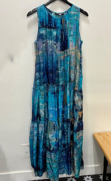 Johnny Was Pete & Greta Blue Abstract Print Tiered Sleeveless Maxi Dress sz S