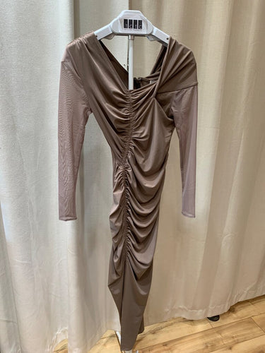 Self-Portrait Taupe Ruched Sheer Long Sleeve Midi Dress sz US 4