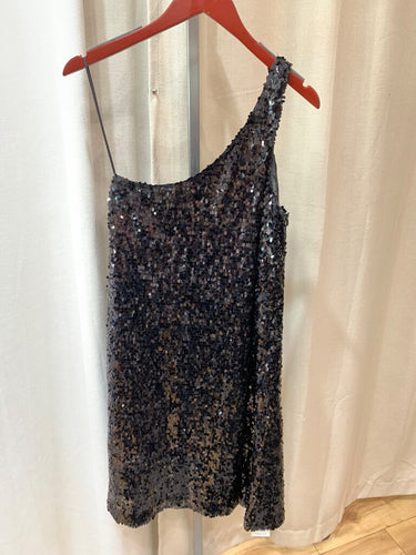 Halston Heritage Black Sequin One-Shoulder Mini Dress sz 8
