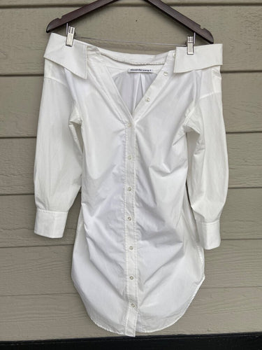 Alexander Wang White Off-The-Shoulder Poplin Shirt Dress
