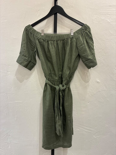 FRAME Off-The-Shoulder Linen Belted Mini Dress sz S