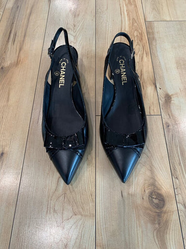Chanel Black Leather & Patent Bow Pointed-Toe Slingback Pumps