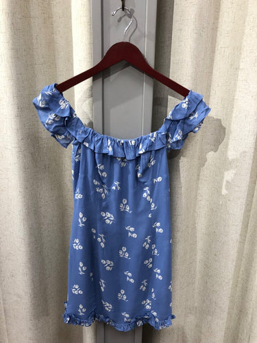 Reformation Blue Floral Off-The-Shoulder Ruffle Mini Dress sz 6