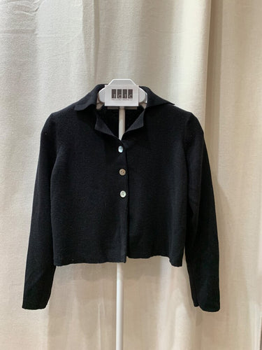 Barneys New York Black Merino Wool Collared Button-Front Cardigan sz S