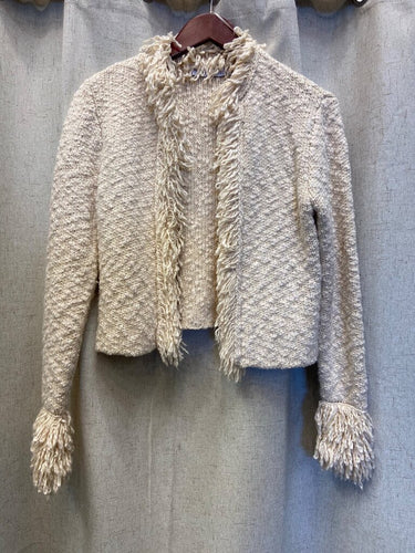Zara Fringe-Trim Chunky Knit Open Front Cardigan sz S