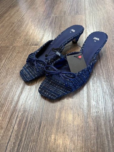 Zara Blue Tweed Bow Kitten Heel Mules Size 39 sz 39