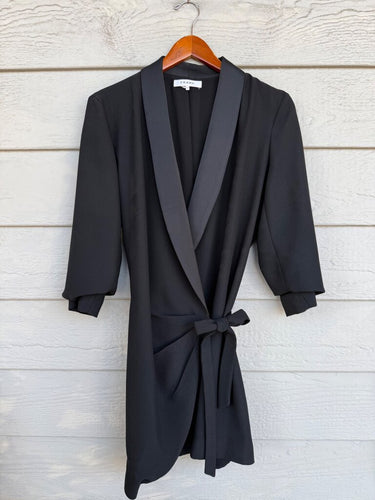 FRAME Black Satin Shawl Collar Tuxedo Wrap Dress sz S/P