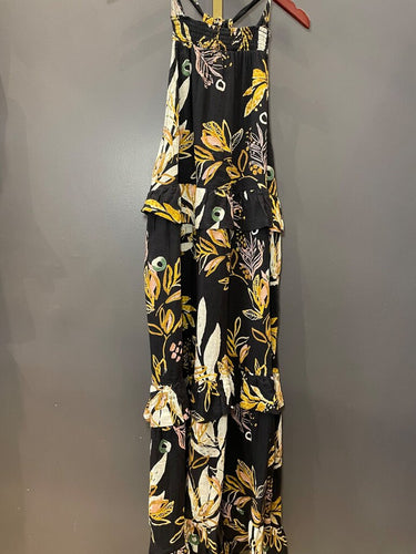 Free People Black Floral Print Tiered Halter Maxi Dress sz S/P