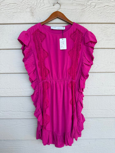 IRO Fuchsia Ruffle Sleeve Embroidered Mini Dress sz 34