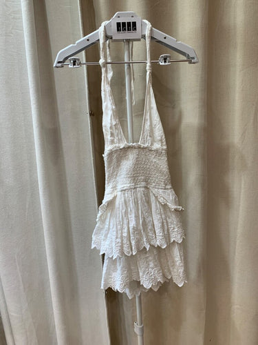 LoveShackFancy White Eyelet Smocked Halter Mini Dress sz M