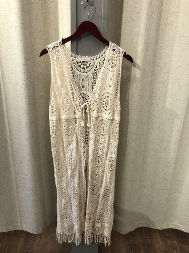 MC Lorene Crochet Lace Fringe Maxi Dress sz TU