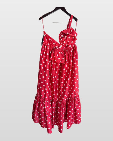Atsu Red Polka Dot Bow-Detail Tiered Maxi Dress sz M