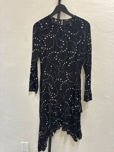 Maje Black Star Print Asymmetrical Ruffle Long Sleeve Dress sz 2