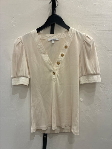 Derek Lam 10 Crosby Ribbed Henley Puff-Sleeve Top sz M