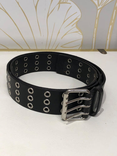 IRO Black Leather Triple Prong Grommet Wide Belt sz 85