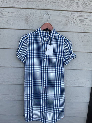 Theory Blue & White Gingham Short Sleeve Shirt Dress sz 0