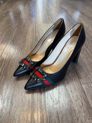 Vinci Black Leather Crystal Buckle Pointed Toe Pumps sz 42