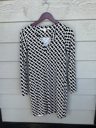 Diane von Furstenberg Black and White Geometric Print Long-Sleeve Midi Dress sz 2