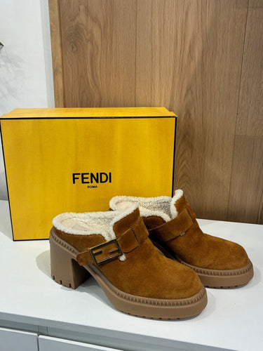 Fendi Suede Shearling FF Buckle Platform Mules sz 39.5