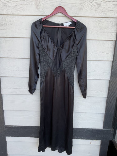 L'Academie Black Long Sleeve Satin & Lace Maxi Dress sz XS