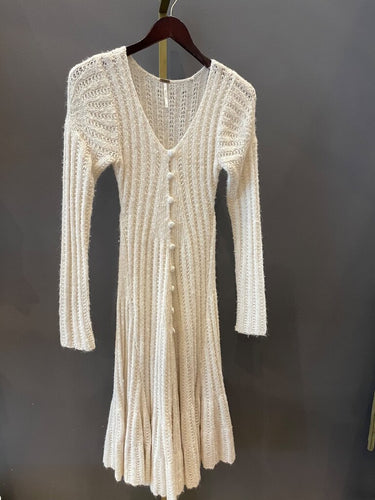 Free People Cream Pointelle Knit Button-Front Long Sleeve Dress sz S