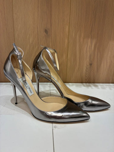 Jimmy Choo Metallic Silver Lucy Ankle-Strap Pumps sz 40