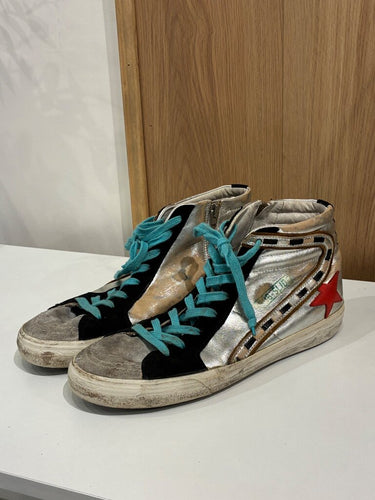 Golden Goose Slide High-Top Metallic Silver & Black Sneakers sz 40