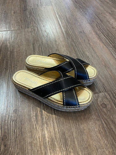 Prada Black Leather Crisscross Espadrille Platform Slide Sandals sz 39 ½