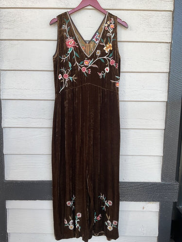 Johnny Was Brown Velvet Floral Embroidered Sleeveless Jumpsuit sz S