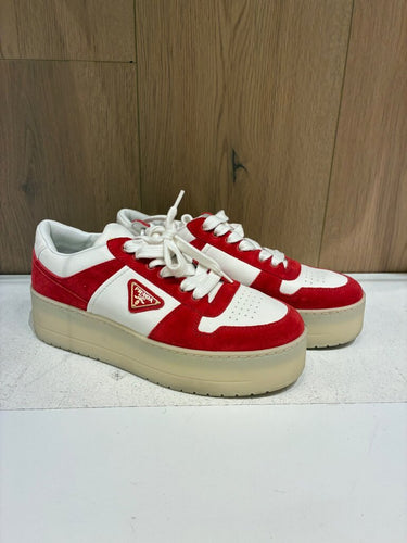 Prada Red & White Suede and Leather Platform Sneakers sz 37.5