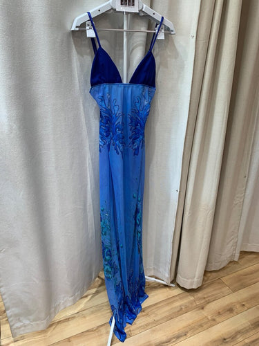 House of Aama Blue Printed Spaghetti Strap Maxi Dress sz 4