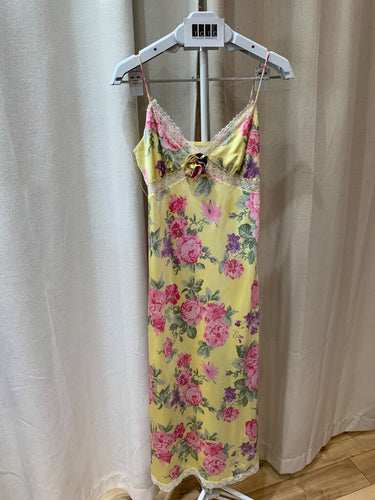 WAYF Yellow Floral Lace-Trim Maxi Slip Dress sz S