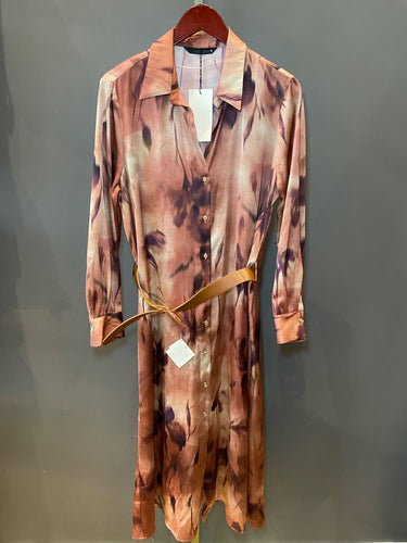 Zara Abstract Floral Belted Satin Shirt Dress sz L