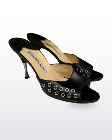 Manolo Blahnik Black Grommet Mule Sandals sz 39½