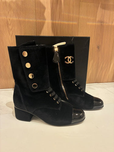 Chanel Black Velvet & Patent Cap-Toe Ankle Boots sz 40