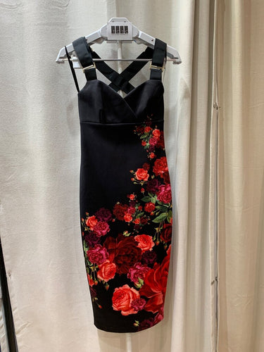 Ted Baker Black Floral Print Cross-Strap Bodycon Dress sz 1