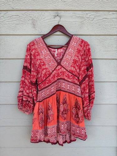 Free People Red & Coral Paisley Long Sleeve Mini Dress sz XS