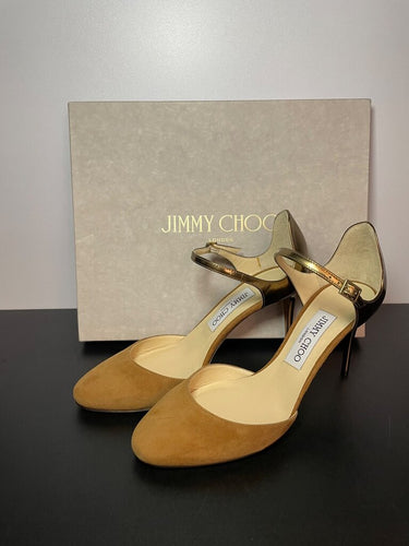 Jimmy Choo Suede and Metallic Ankle-Strap Pumps sz 37 1/2