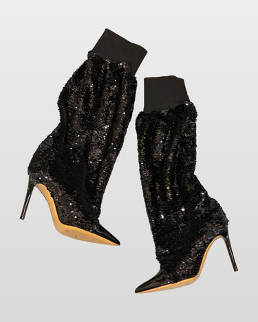 Alexandre Vauthier Black Sequin Pointed Toe Heeled Boots sz 37