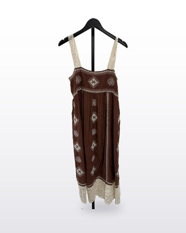 The Great. Brown Embroidered Lace-Trim Midi Dress sz 1