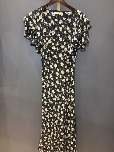Dôen Black Floral Ruffle Flutter Sleeve Maxi Dress sz S