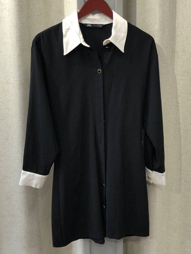 Zara Black & White Contrast Collar Long Sleeve Mini Dress sz S