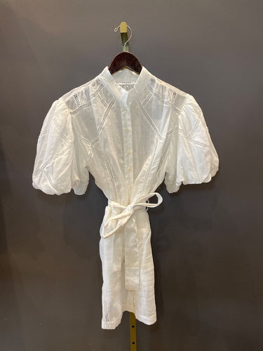FRAME White Lace Insert Puff Sleeve Belted Mini Dress sz XS