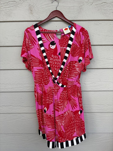 Farm Rio for Anthropologie Pink Parrot Print Romper sz S