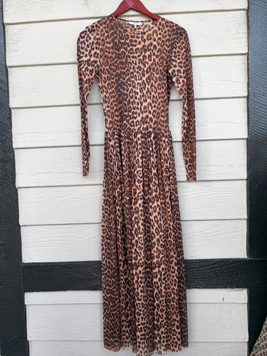 Ganni Tilden Mesh Leopard Print Long Sleeve Maxi Dress sz 36