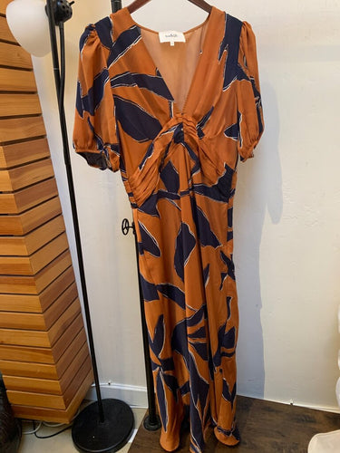 ba&sh Rust & Navy Abstract Print Short Sleeve Maxi Dress sz 3