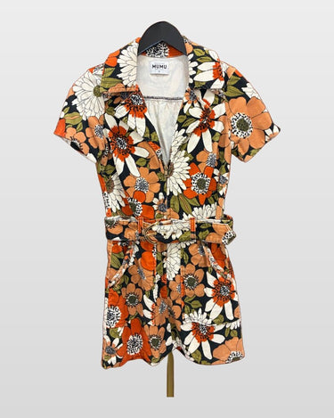 Show Me Your Mumu Floral Corduroy Short Sleeve Belted Romper sz S
