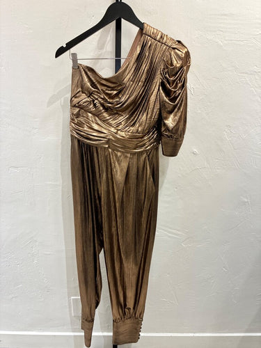 Retrofête Metallic One-Shoulder Pleated Jumpsuit sz M
