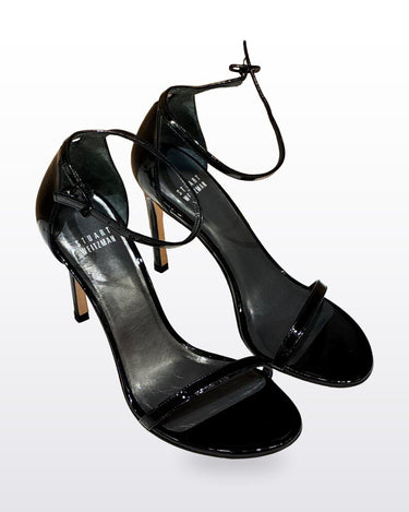 Stuart Weitzman Black Patent Nudist Stiletto Sandals sz 7